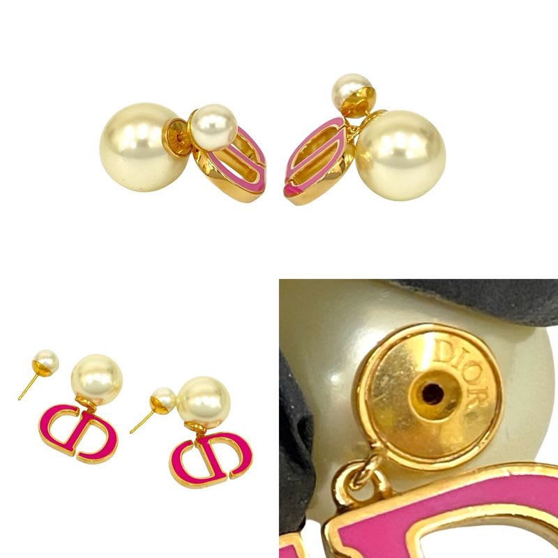 Christian Dior CD Logo GP Fake Pearl Earrings Accessories Pink