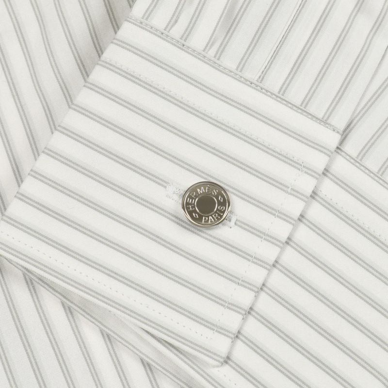 Hermes Serie Button White Gray Cotton Shirt Ladies