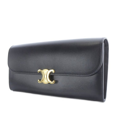 Celine Large Wallet Triomphe Shiny Calfskin Long Wallet Bifold Black Yo14 • Oh