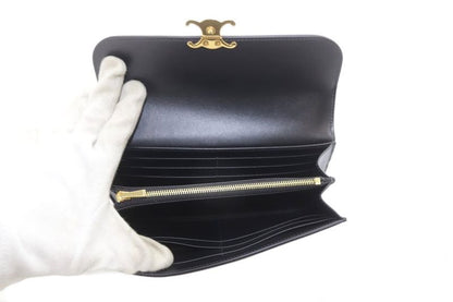 Celine Large Wallet Triomphe Shiny Calfskin Long Wallet Bifold Black Yo14 • Oh