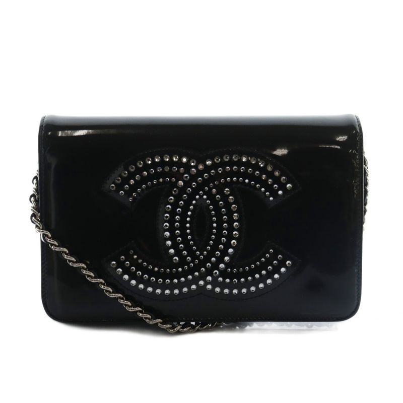 Chanel Strass CC No 13 Chain Wallet Shoulder Bag Coco Mark Rhinestone Black Aq