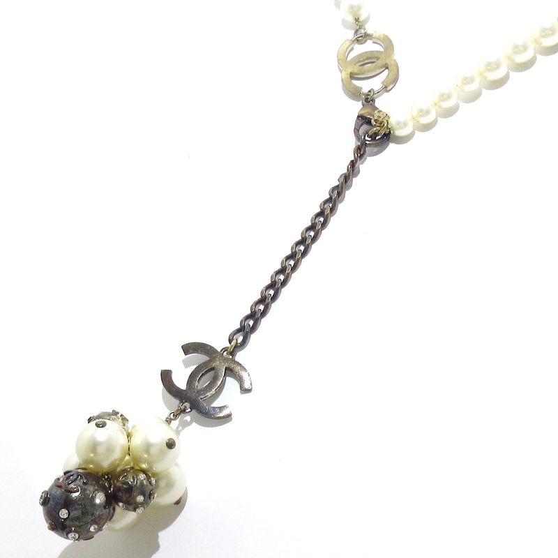 Chanel Necklace - Ivory X Silver Coco Mark Pearl Rhinestone