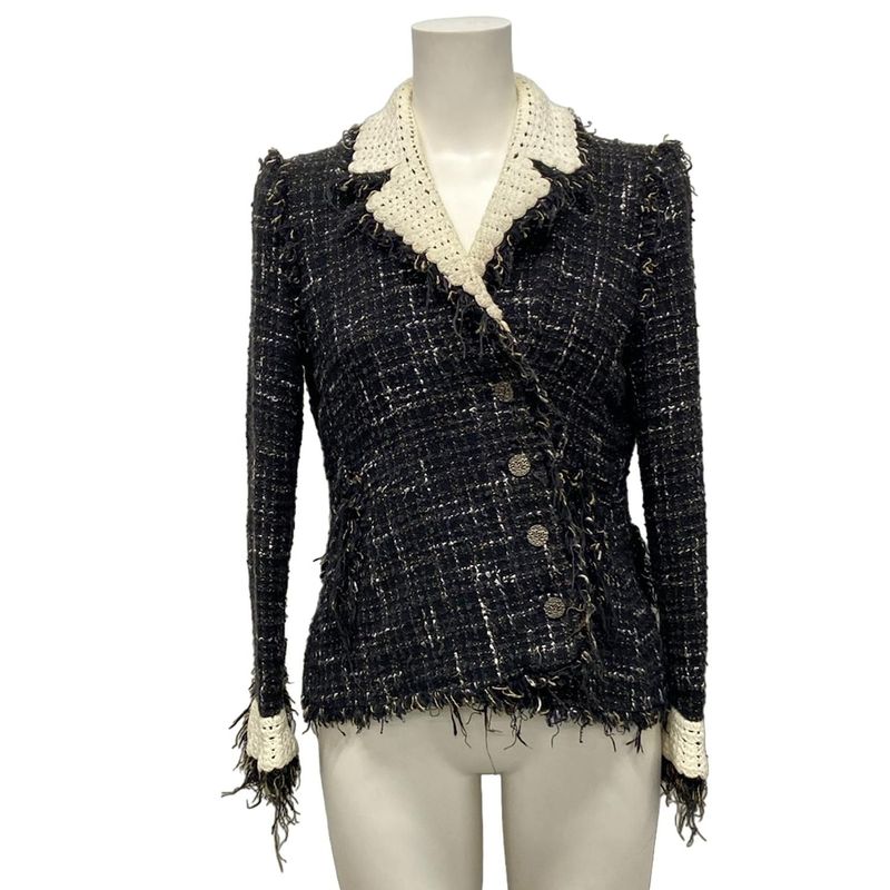 Chanel Jacket Size 38 M Women's P23332 Black X Beige X White Long Sleeve Tweed