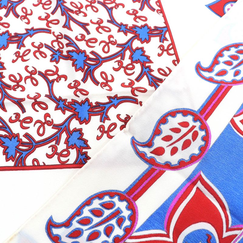 Hermes 100% Silk Paisley Motif All-over Pattern Shawl Scarf Ivory Red Blue