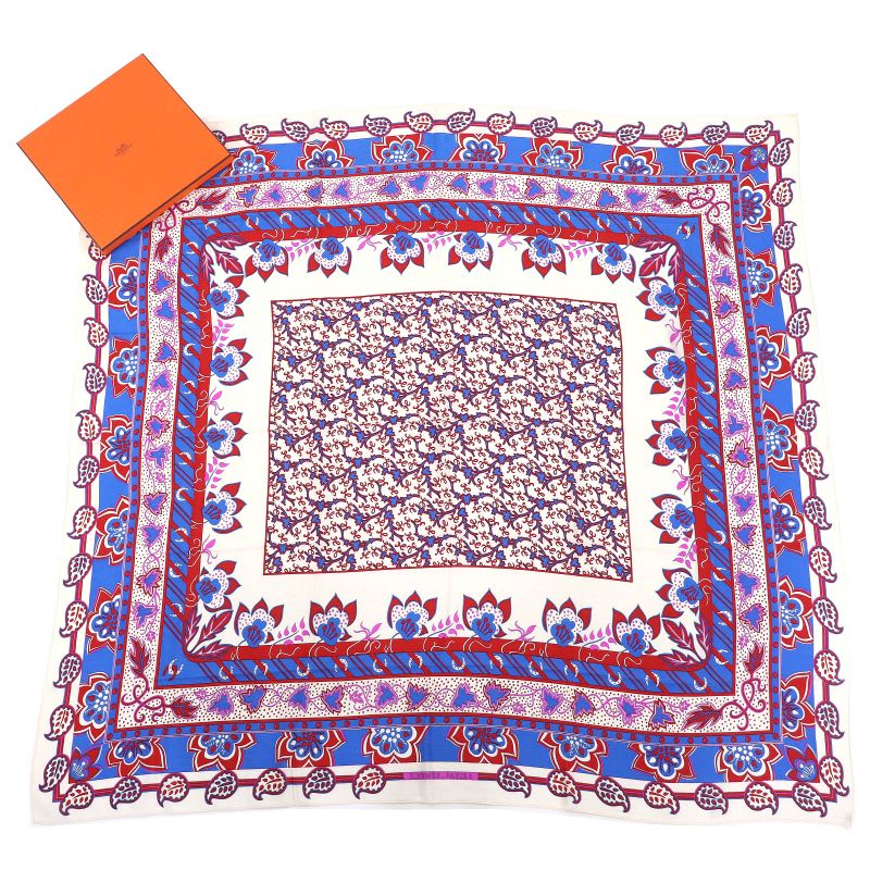 Hermes 100% Silk Paisley Motif All-over Pattern Shawl Scarf Ivory Red Blue