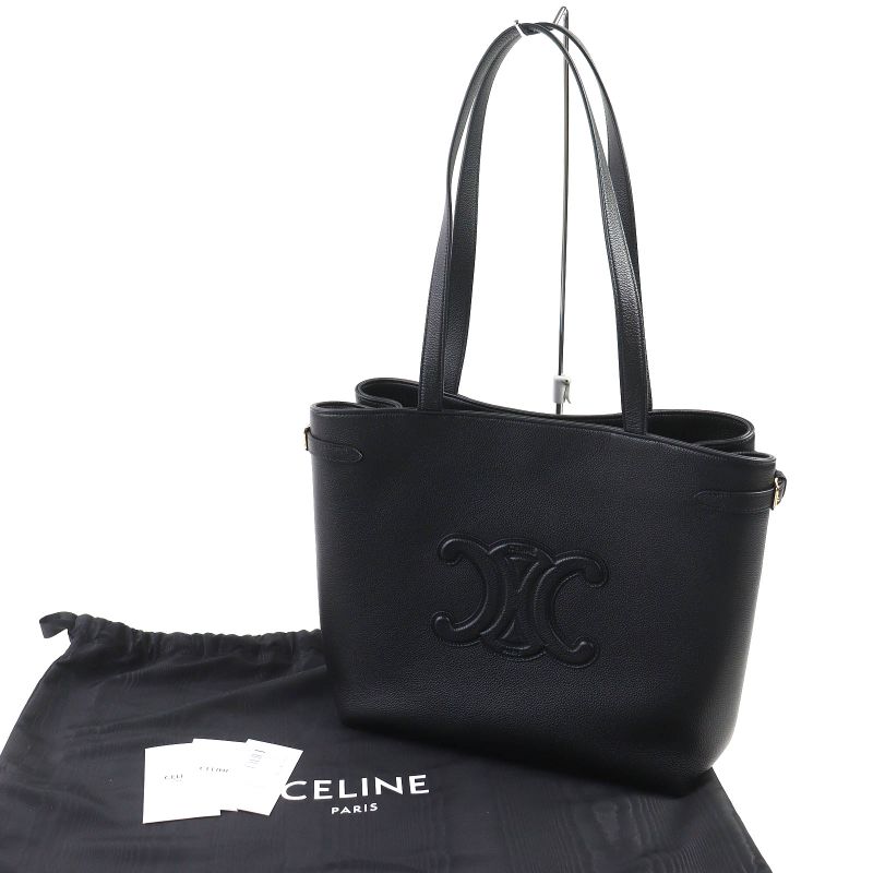 Celine 11685 Cabas Anais Triomphe Medium Leather Tote Bag Shoulder Black Made in Italy Women