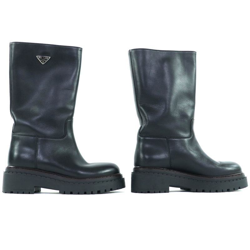 ◇prada 1u635n Mid-length Leather Long Boots With Triangle Logo Plate Black 36