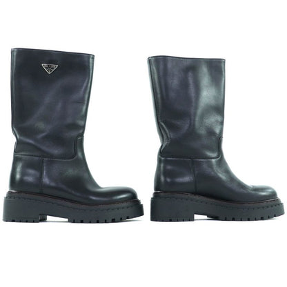 ◇prada 1u635n Mid-length Leather Long Boots With Triangle Logo Plate Black 36