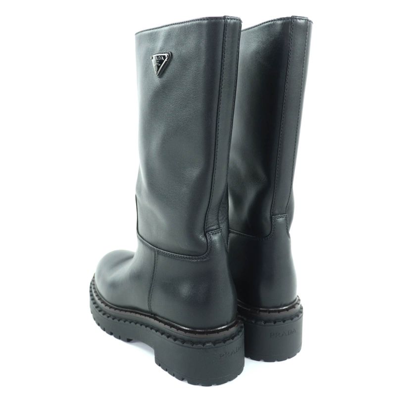◇prada 1u635n Mid-length Leather Long Boots With Triangle Logo Plate Black 36