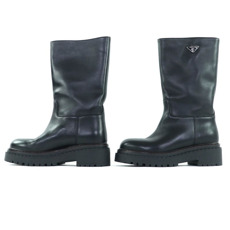 ◇prada 1u635n Mid-length Leather Long Boots With Triangle Logo Plate Black 36