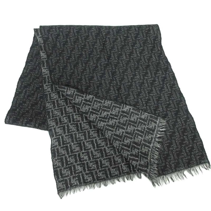 Fendi All Zucca Pattern Muffler Shawl Wool Fringe Black Aa