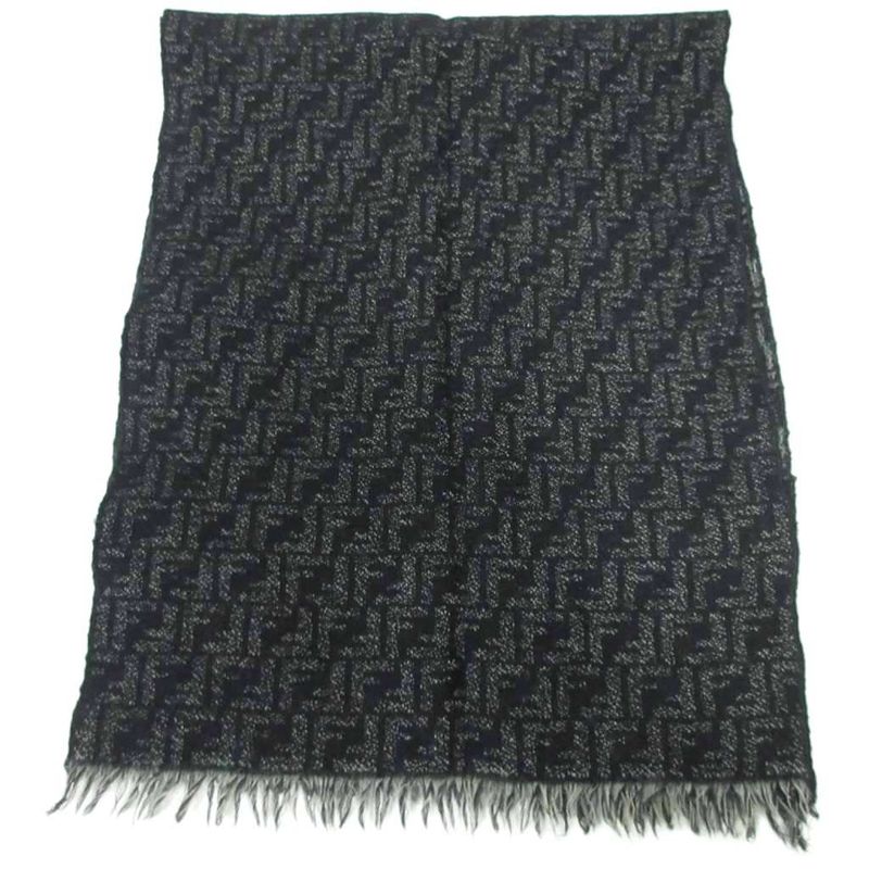 Fendi All Zucca Pattern Muffler Shawl Wool Fringe Black Aa