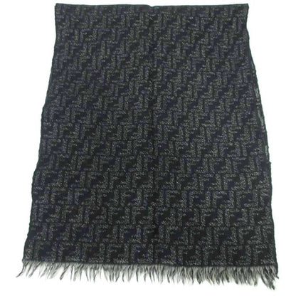 Fendi All Zucca Pattern Muffler Shawl Wool Fringe Black Aa