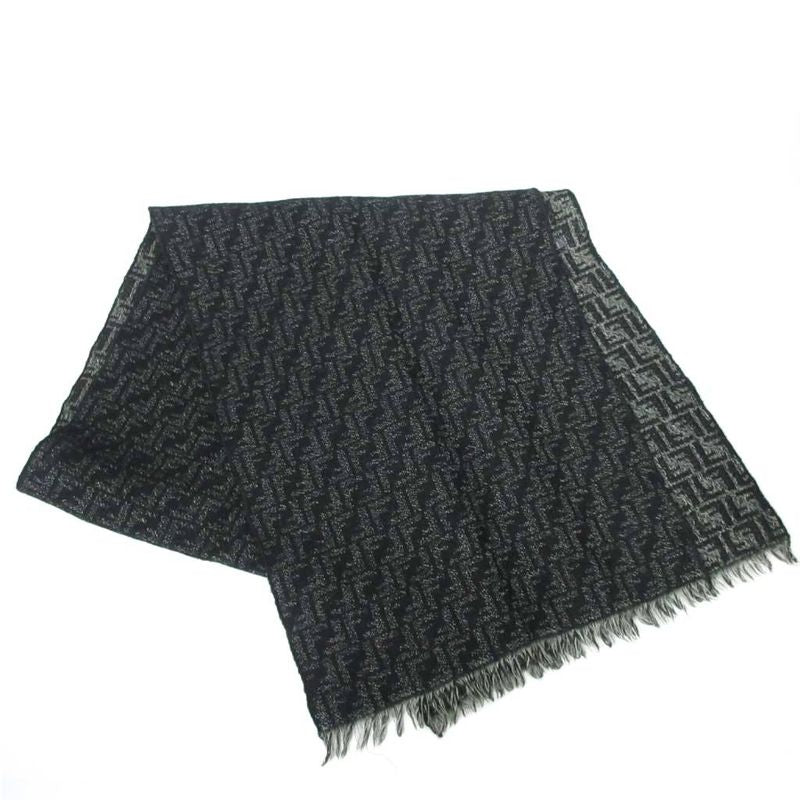 Fendi All Zucca Pattern Muffler Shawl Wool Fringe Black Aa