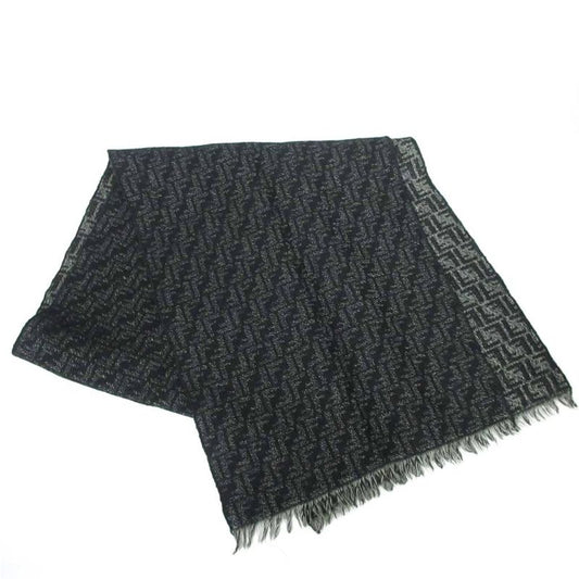 Fendi All Zucca Pattern Muffler Shawl Wool Fringe Black Aa