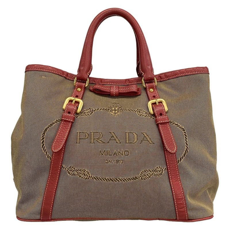 Prada Tote Bag Logo Jacquard Beige X Red Leather Tag Leather