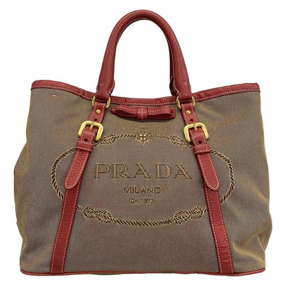 Prada Tote Bag Logo Jacquard Beige X Red Leather Tag Leather