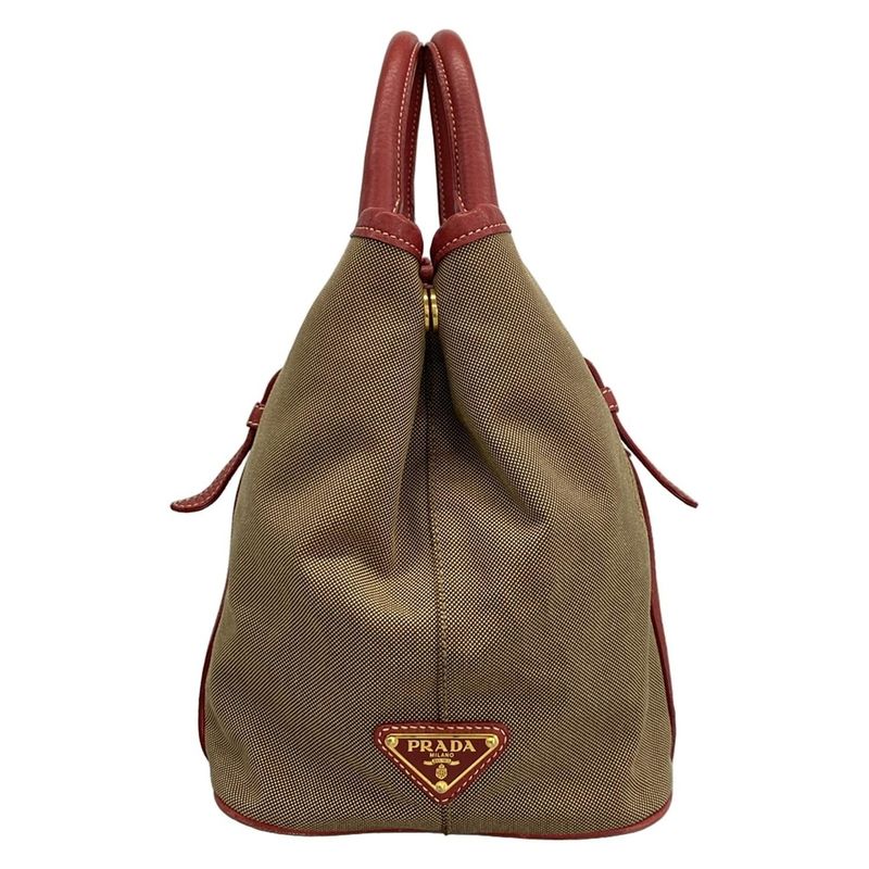 Prada Tote Bag Logo Jacquard Beige X Red Leather Tag Leather