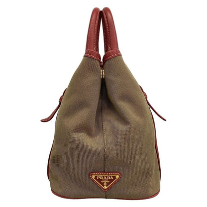 Prada Tote Bag Logo Jacquard Beige X Red Leather Tag Leather