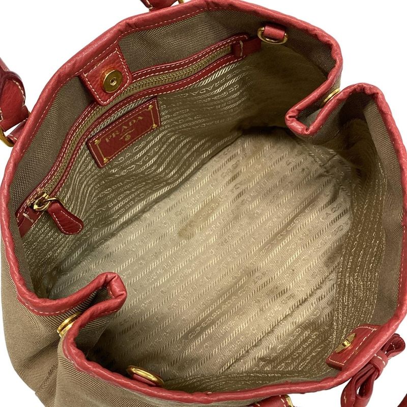 Prada Tote Bag Logo Jacquard Beige X Red Leather Tag Leather