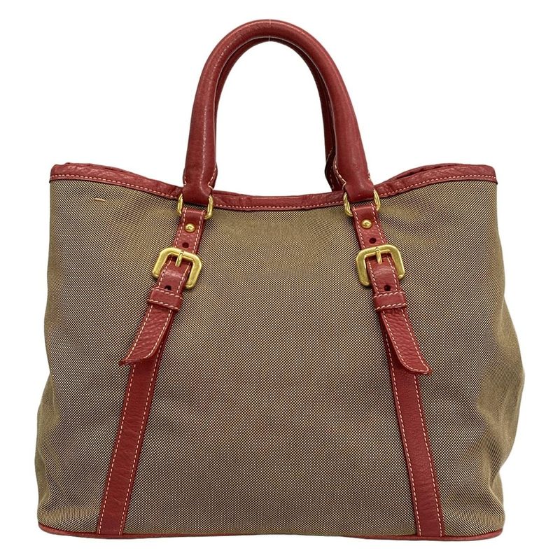 Prada Tote Bag Logo Jacquard Beige X Red Leather Tag Leather