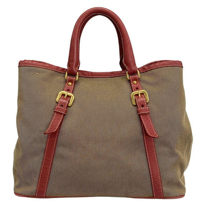 Prada Tote Bag Logo Jacquard Beige X Red Leather Tag Leather