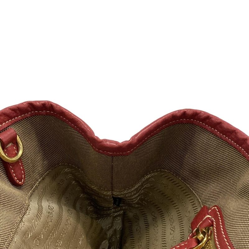 Prada Tote Bag Logo Jacquard Beige X Red Leather Tag Leather