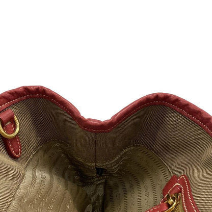 Prada Tote Bag Logo Jacquard Beige X Red Leather Tag Leather