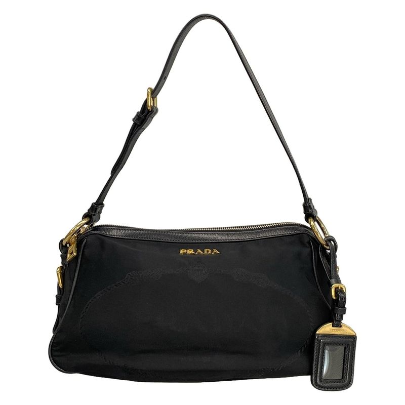 Prada Shoulder Bag Logo Jacquard Black Leather Tag Leather
