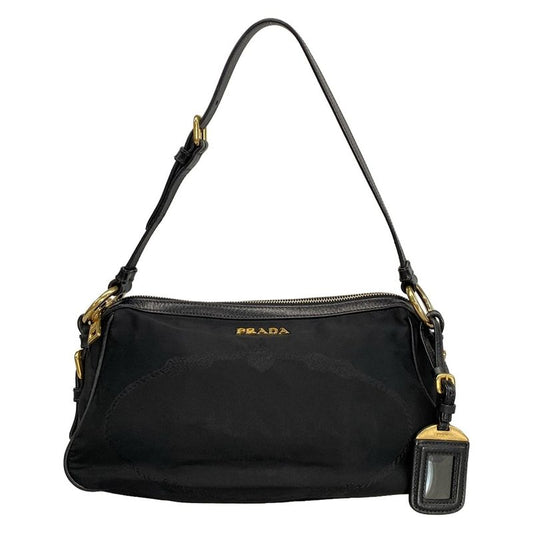 Prada Shoulder Bag Logo Jacquard Black Leather Tag Leather