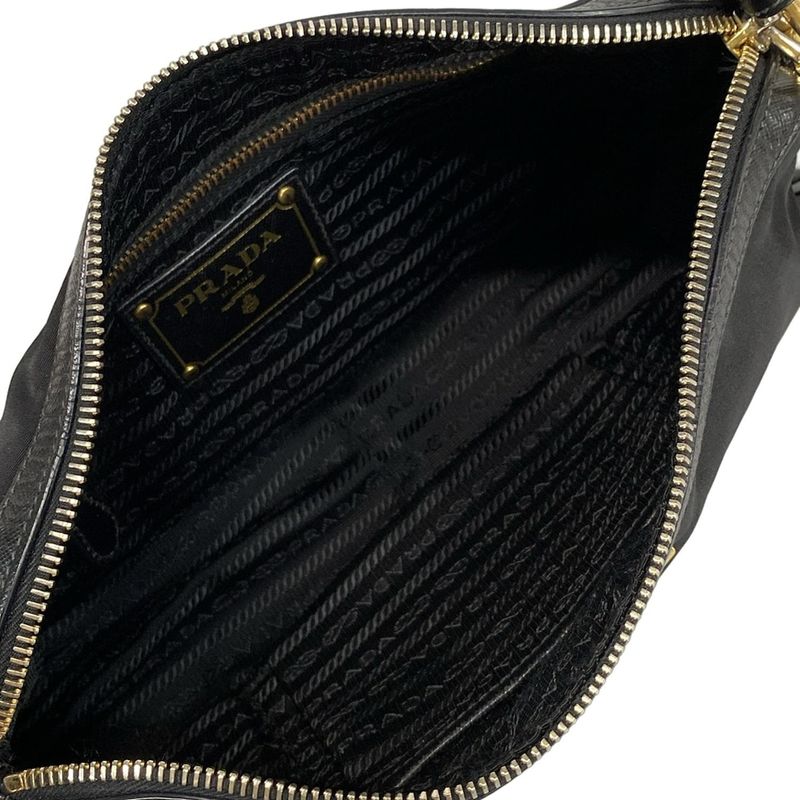 Prada Shoulder Bag Logo Jacquard Black Leather Tag Leather