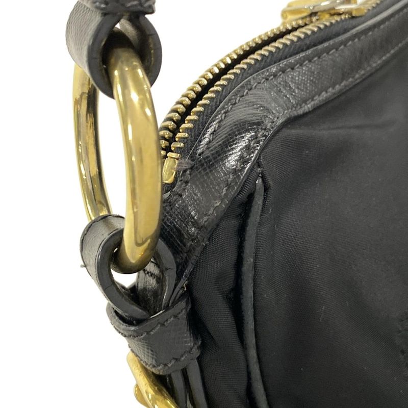 Prada Shoulder Bag Logo Jacquard Black Leather Tag Leather