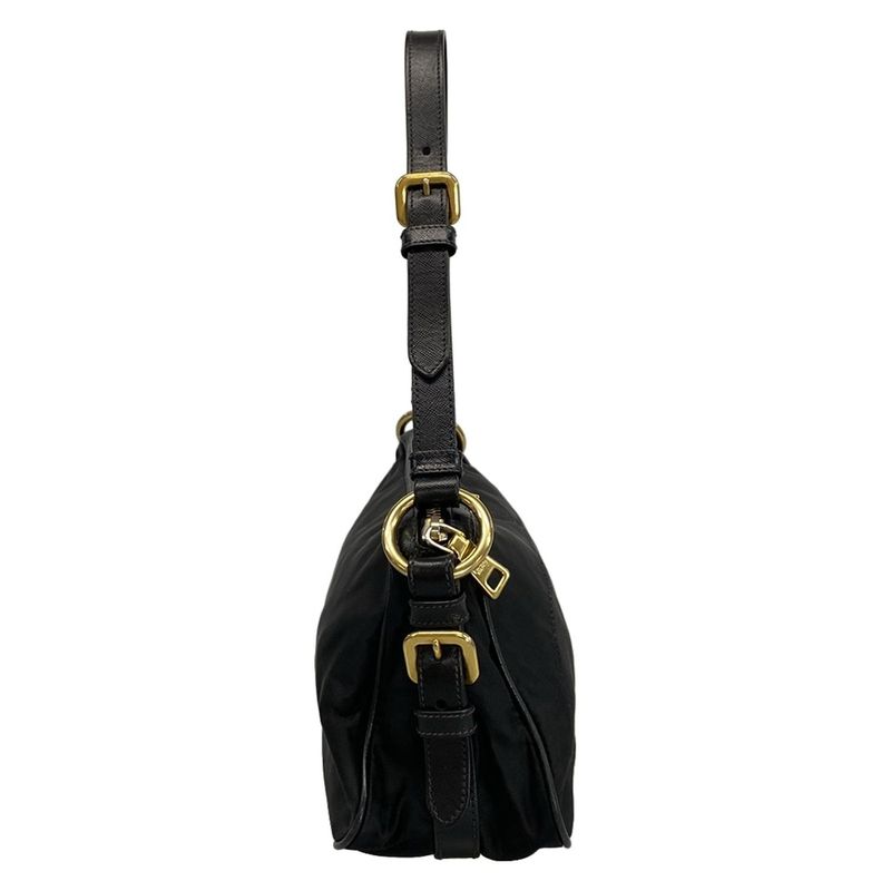 Prada Shoulder Bag Logo Jacquard Black Leather Tag Leather