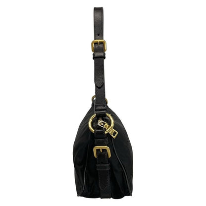 Prada Shoulder Bag Logo Jacquard Black Leather Tag Leather