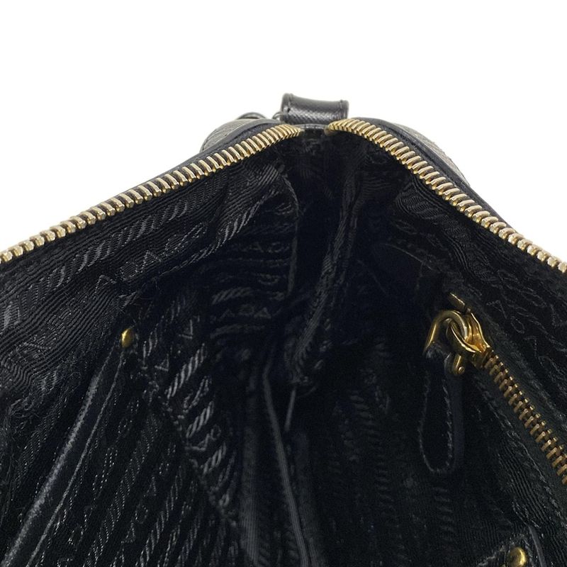Prada Shoulder Bag Logo Jacquard Black Leather Tag Leather
