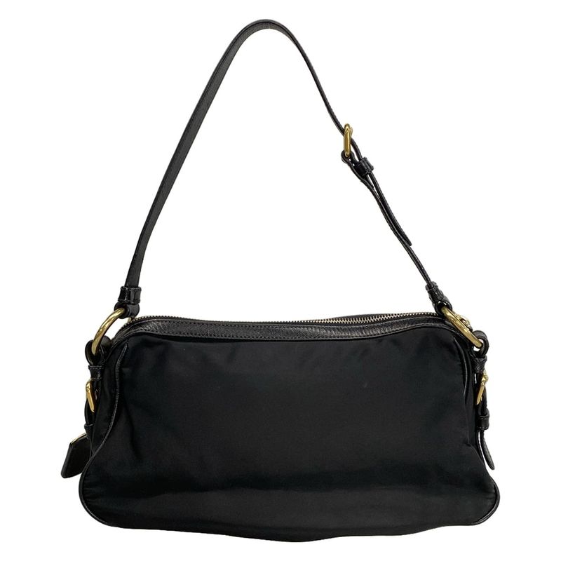 Prada Shoulder Bag Logo Jacquard Black Leather Tag Leather