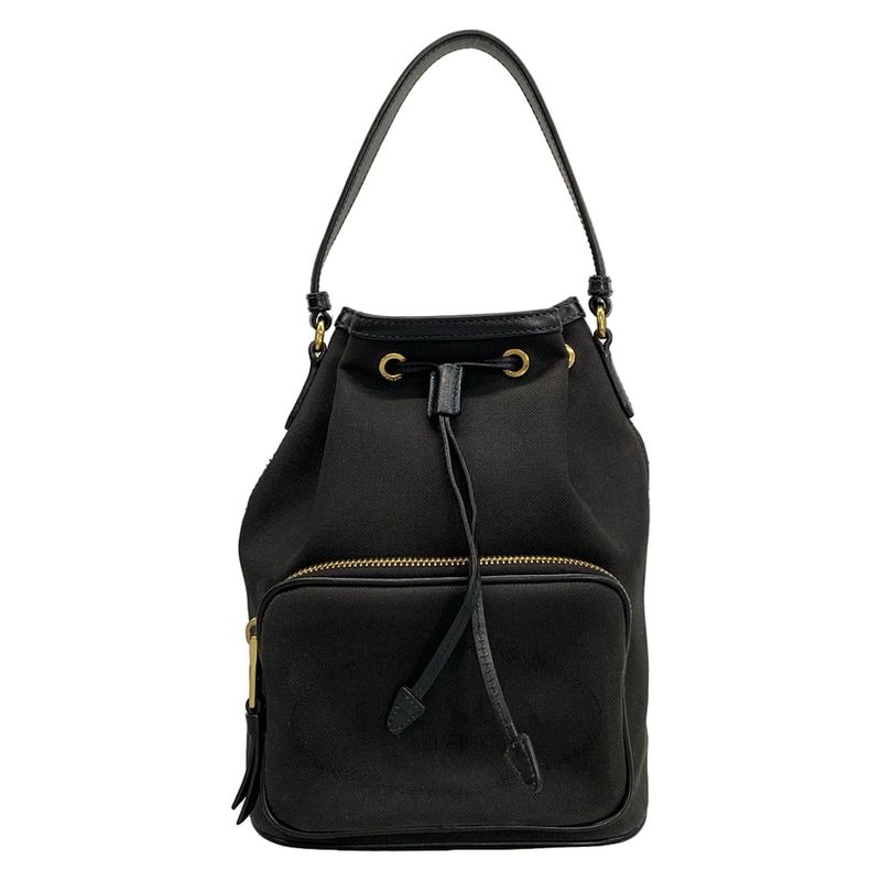 Prada Handbag Duet Logo Jacquard 1bh038 Black Draw String Shape Leather