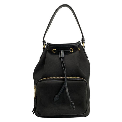 Prada Handbag Duet Logo Jacquard 1bh038 Black Draw String Shape Leather