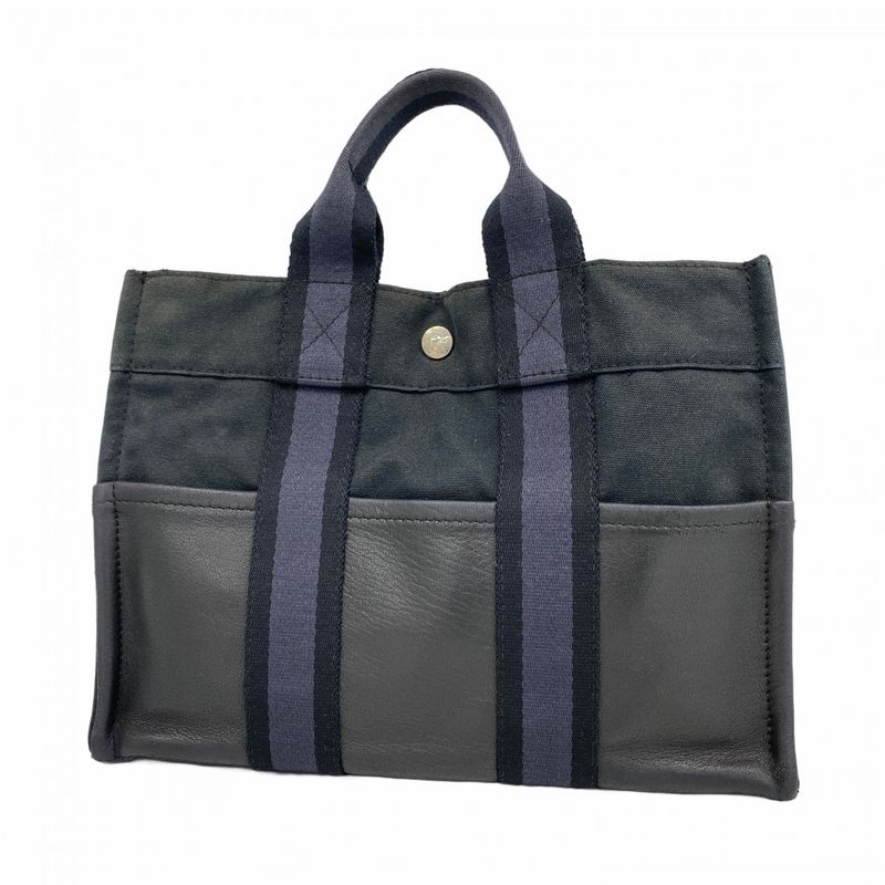 Hermes Handbag Fourre Tout PM Half Leather Canvas Leather Black Gray Silver