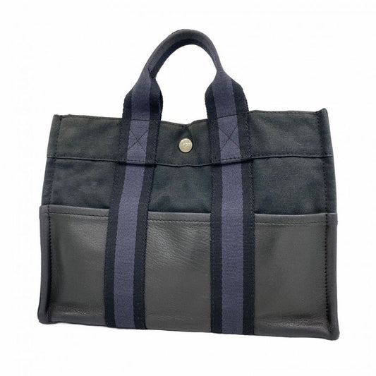 Hermes Handbag Fourre Tout PM Half Leather Canvas Leather Black Gray Silver