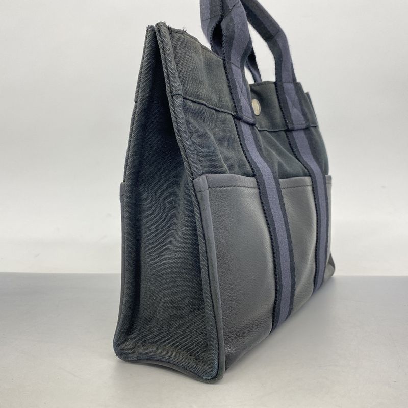 Hermes Handbag Fourre Tout PM Half Leather Canvas Leather Black Gray Silver