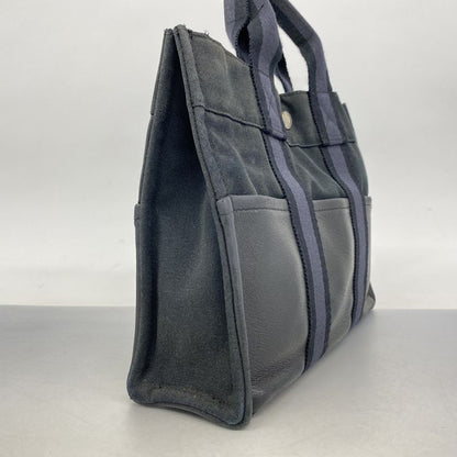 Hermes Handbag Fourre Tout PM Half Leather Canvas Leather Black Gray Silver