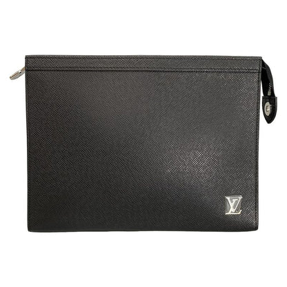 Louis Vuitton Clutch Bag Taiga Pochette Voyage M30450 Black Leather Cowhide