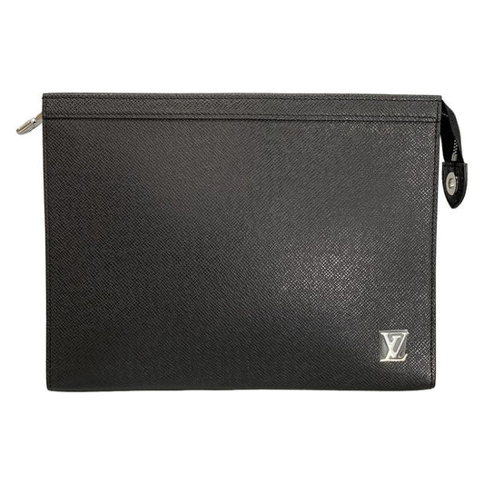 Louis Vuitton Clutch Bag Taiga Pochette Voyage M30450 Black Leather Cowhide