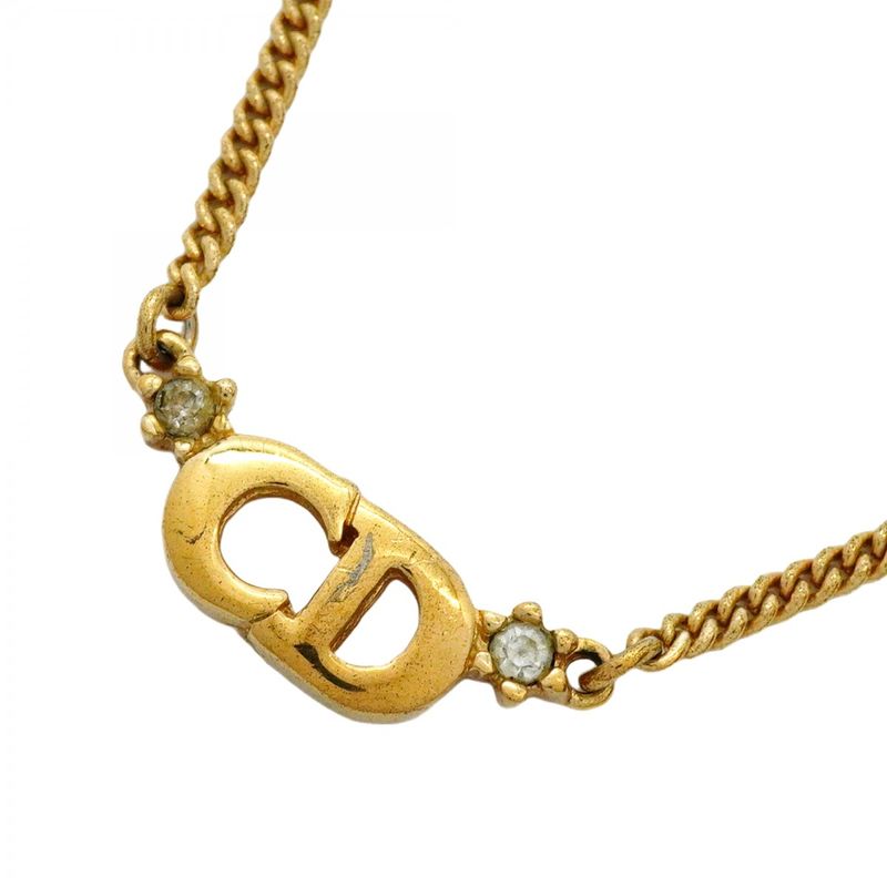 Christian Dior Necklace CD Logo GP Plated Rhinestone Gold Ladies