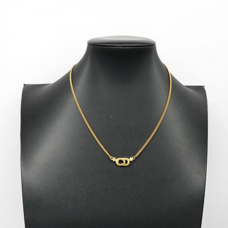 Christian Dior Necklace CD Logo GP Plated Rhinestone Gold Ladies