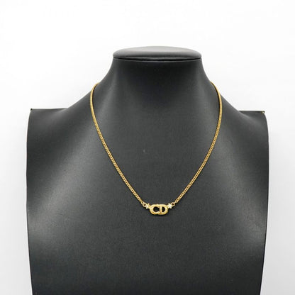 Christian Dior Necklace CD Logo GP Plated Rhinestone Gold Ladies