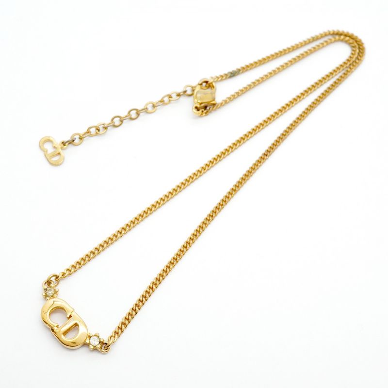 Christian Dior Necklace CD Logo GP Plated Rhinestone Gold Ladies