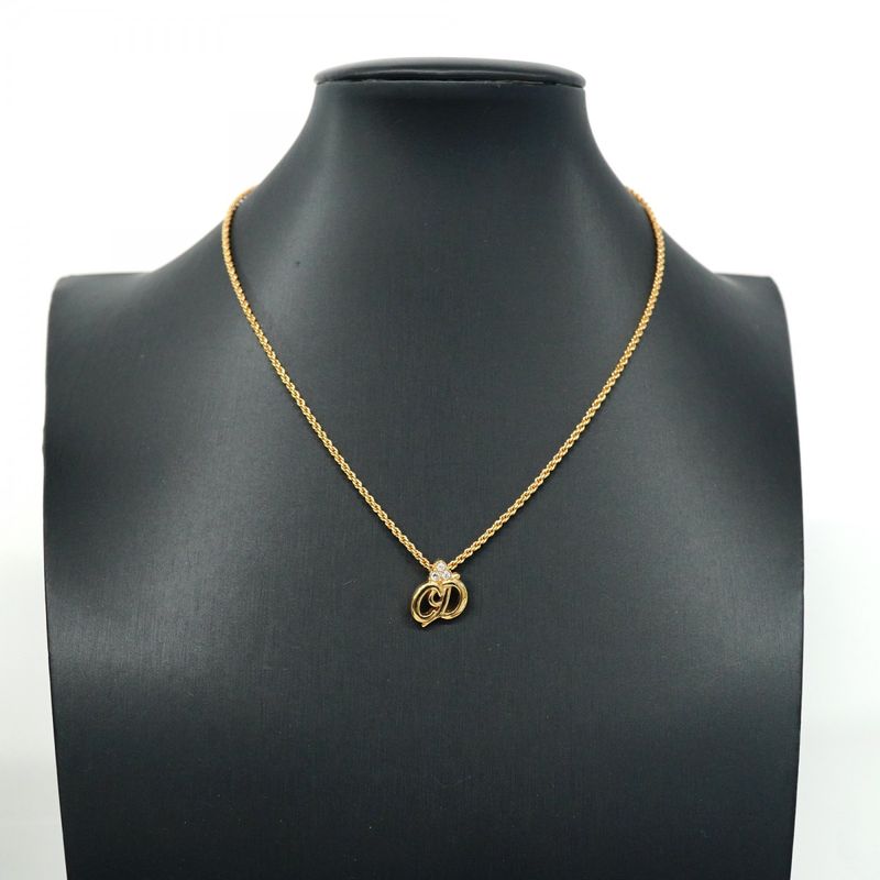 Christian Dior Necklace CD Logo GP Plated Rhinestone Gold Ladies