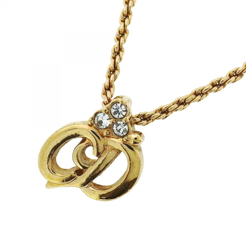 Christian Dior Necklace CD Logo GP Plated Rhinestone Gold Ladies